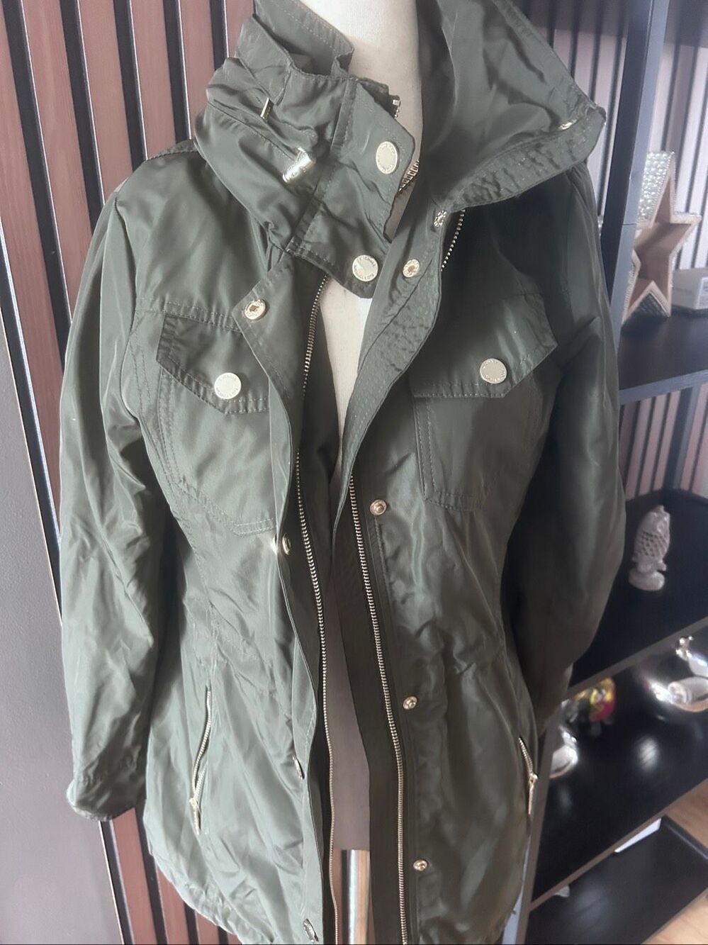 Michael Kors Olive Green Zip Snap Rain Jacket 3/4 Hooded Womens XS